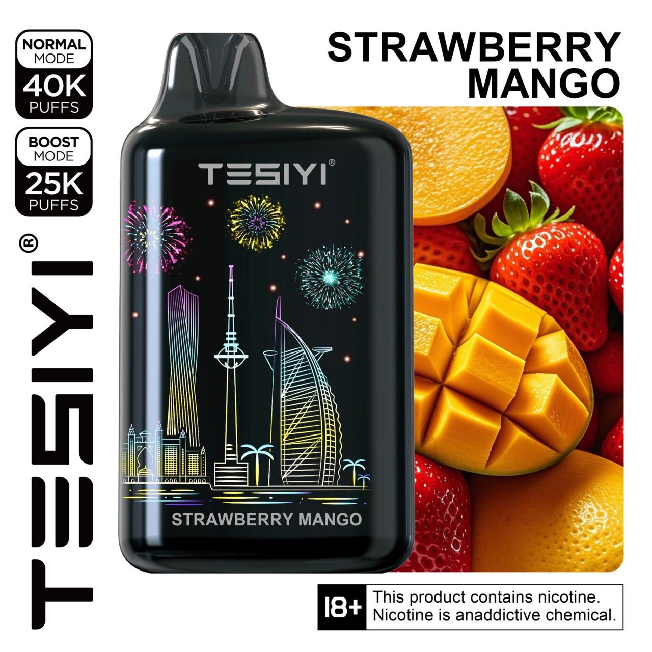TESIYI vape device with strawberry mango flavor packaging featuring fruit images and nicotine warning.