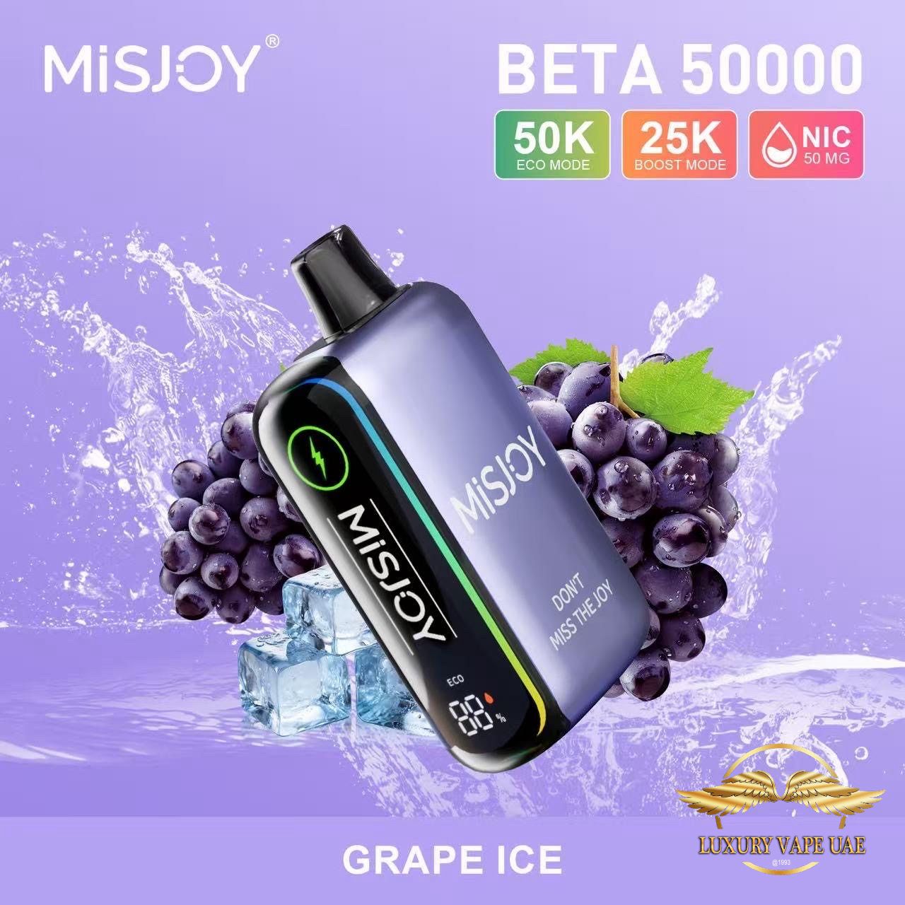 Misjoy Beta 50000 vape device with grape ice flavor on a purple background