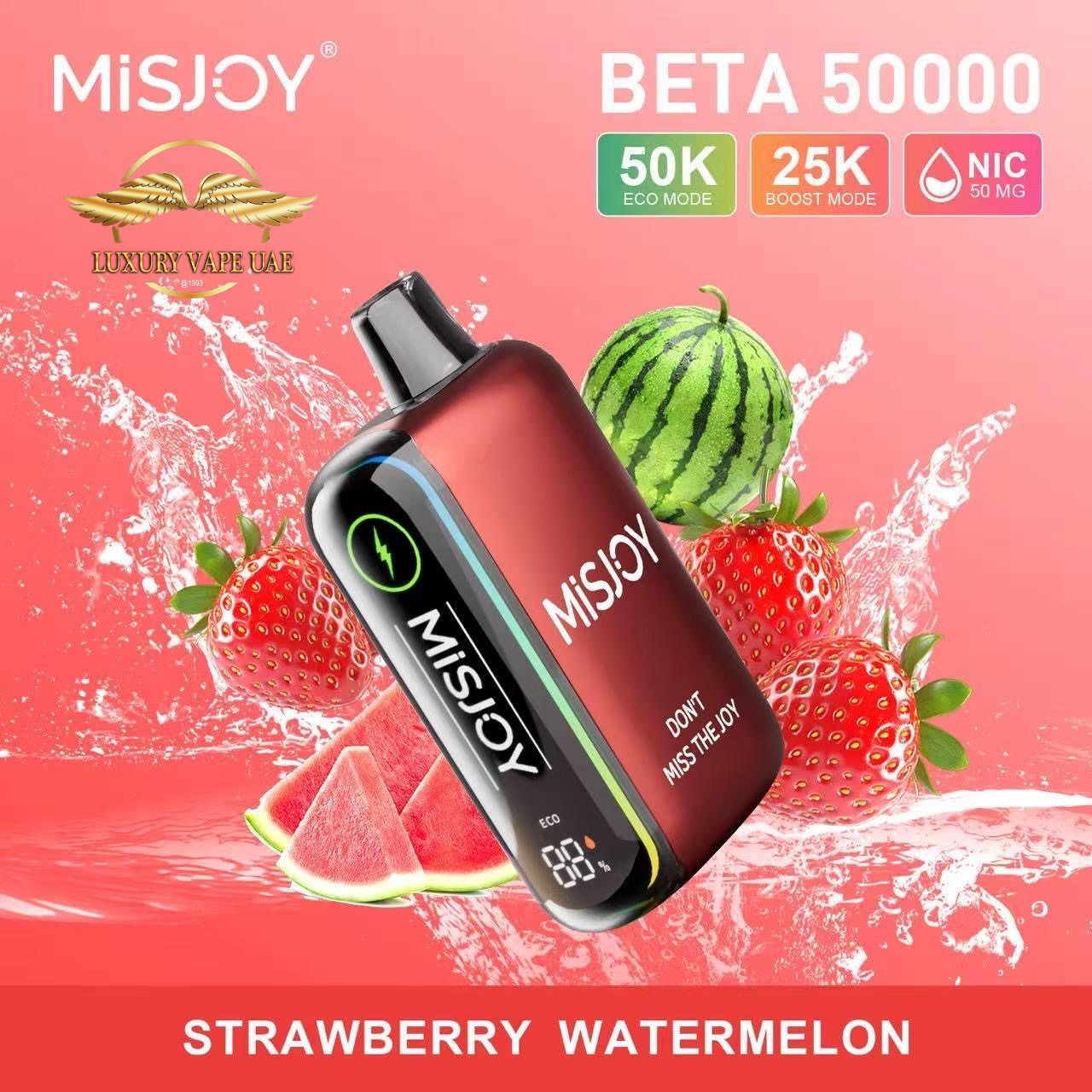 Misjoy vape device with strawberry and watermelon graphics on a pink background