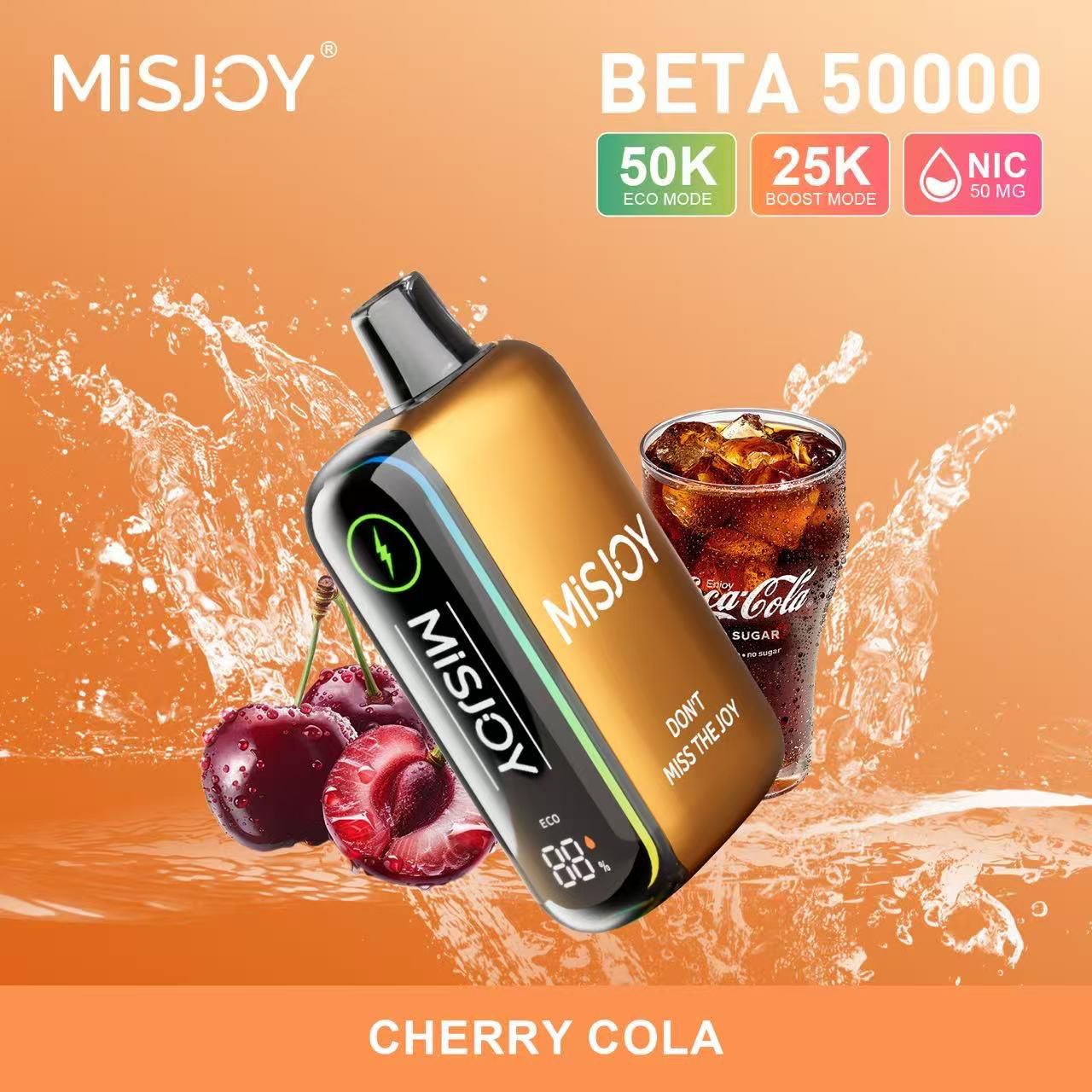 Misjoy Beta 50000 vape device with cherry cola flavor on an orange background