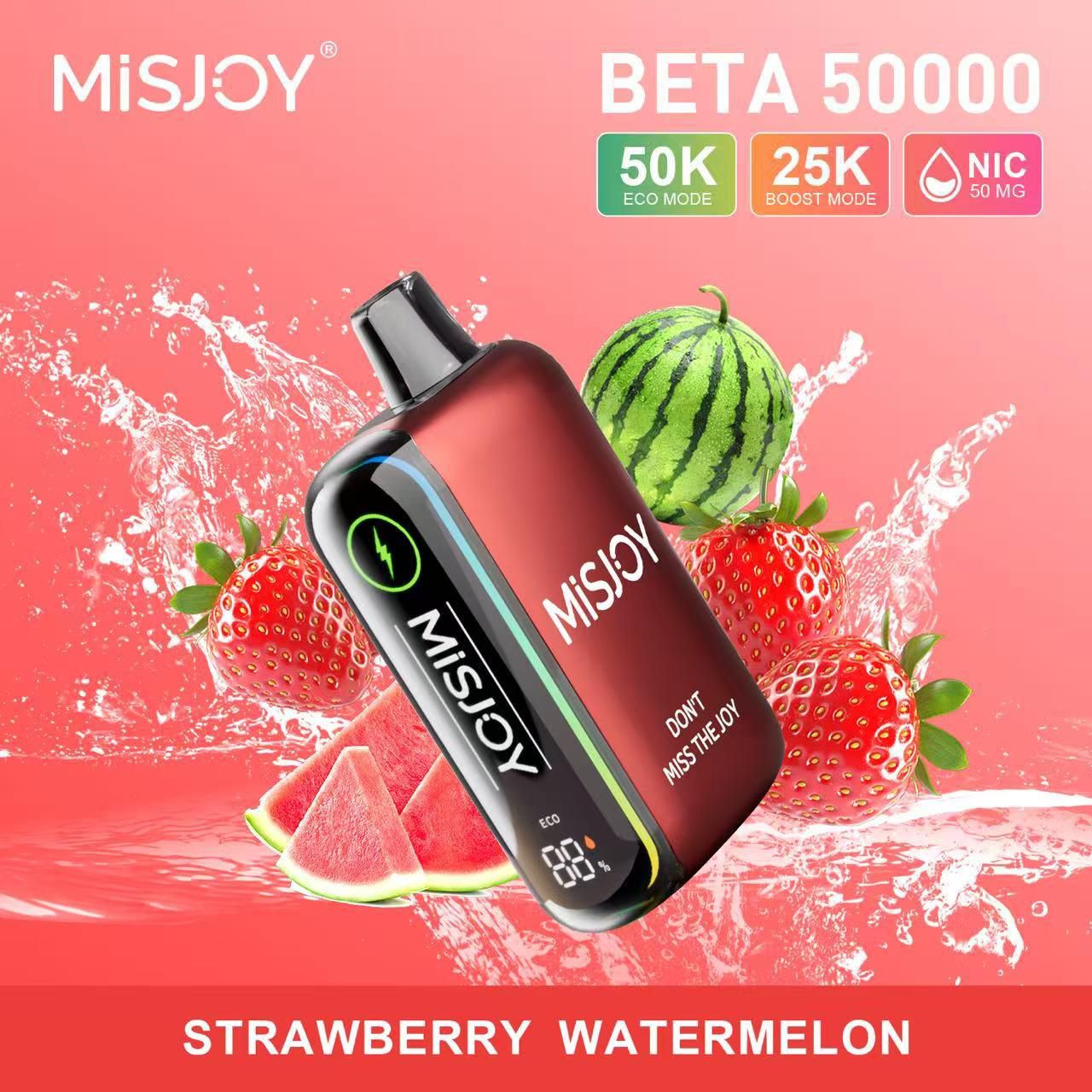Misjoy Beta 50000 vape device with strawberry and watermelon elements on a pink background