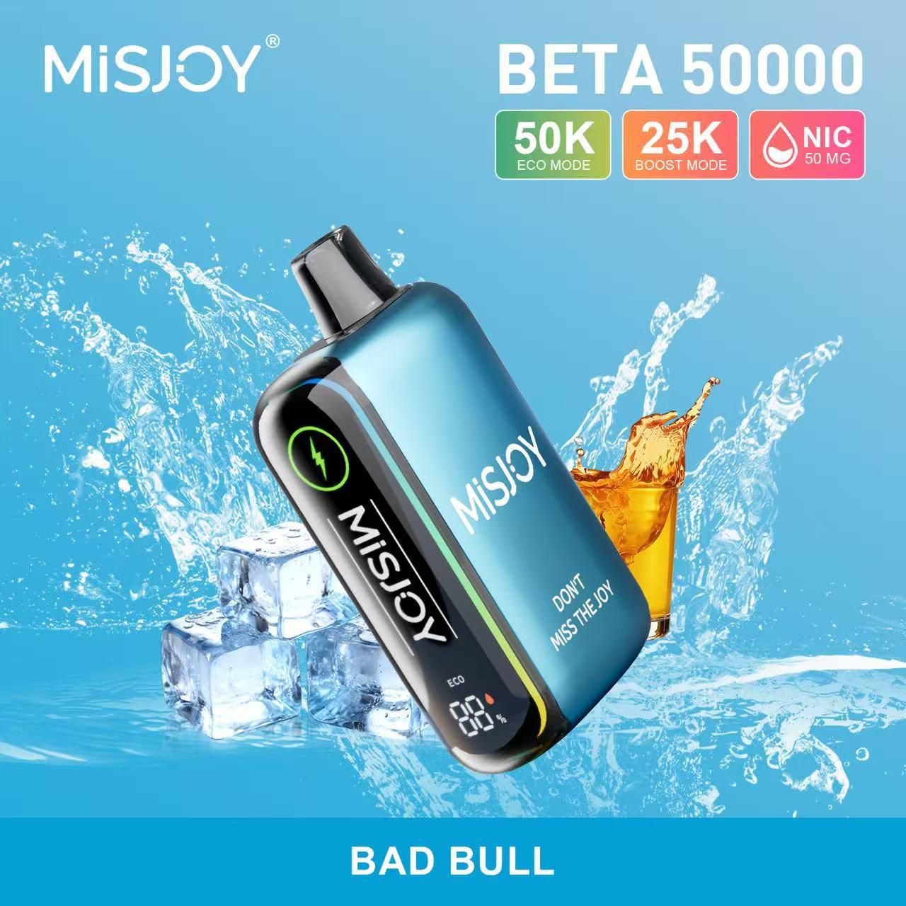 Misjoy Beta 50000 vape device with water and ice elements on a blue background