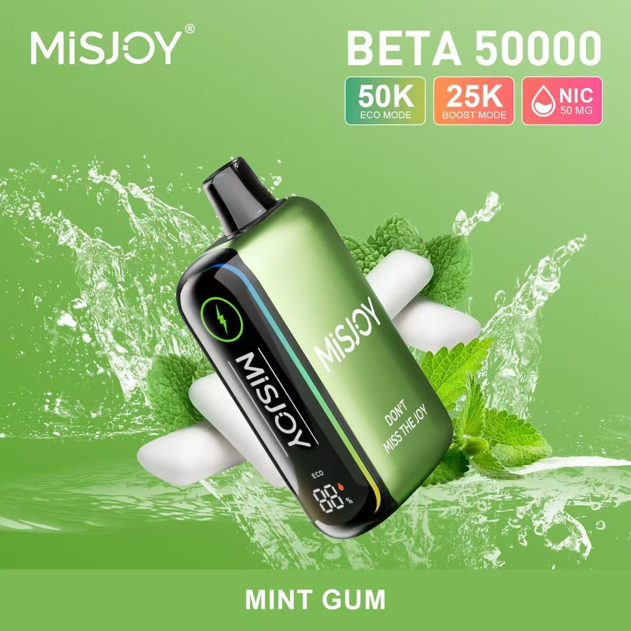 Misjoy Beta 50000 vape device on a green background with mint leaves and water splashes.