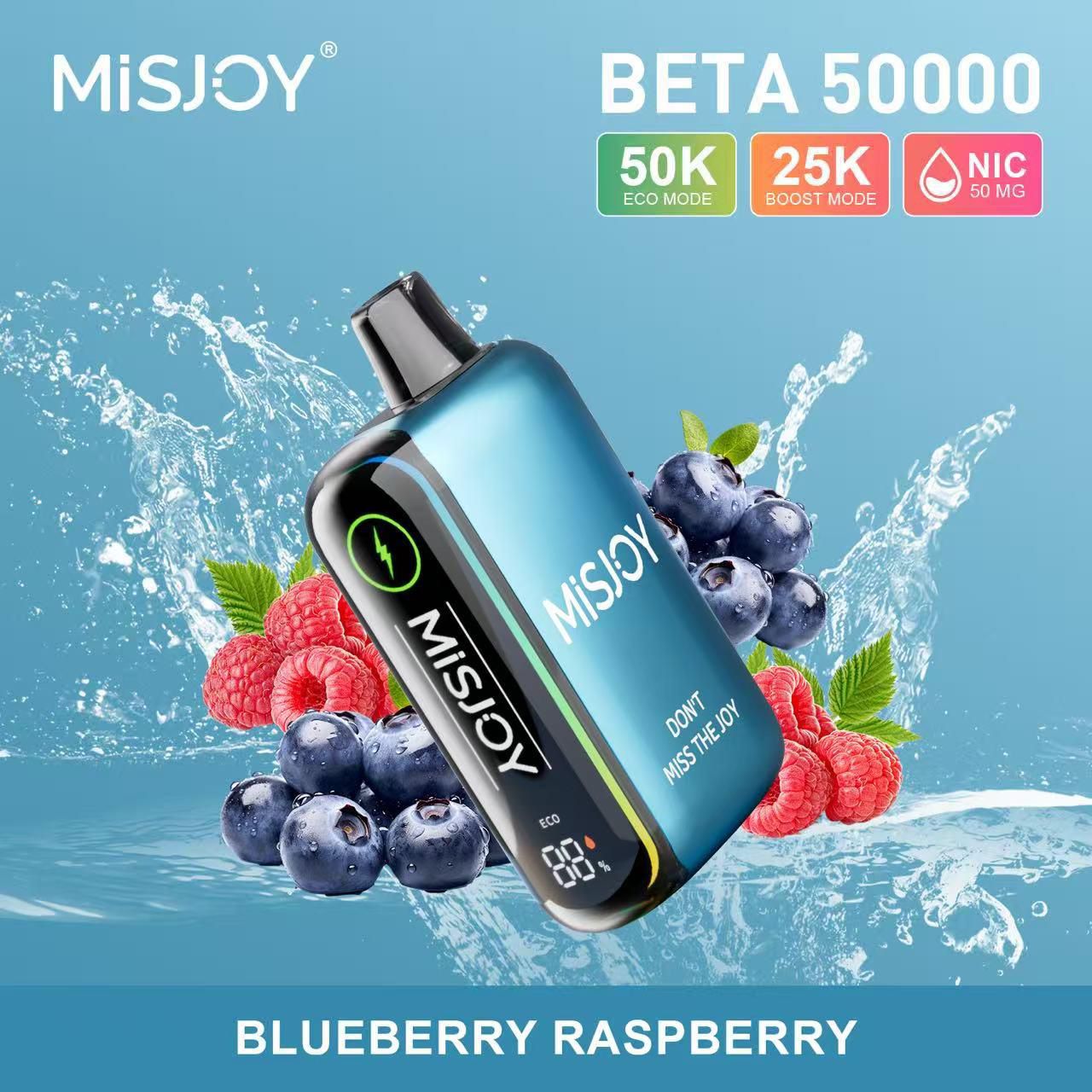 Misjoy Beta 50000 vape device with blueberries and raspberries on a blue background