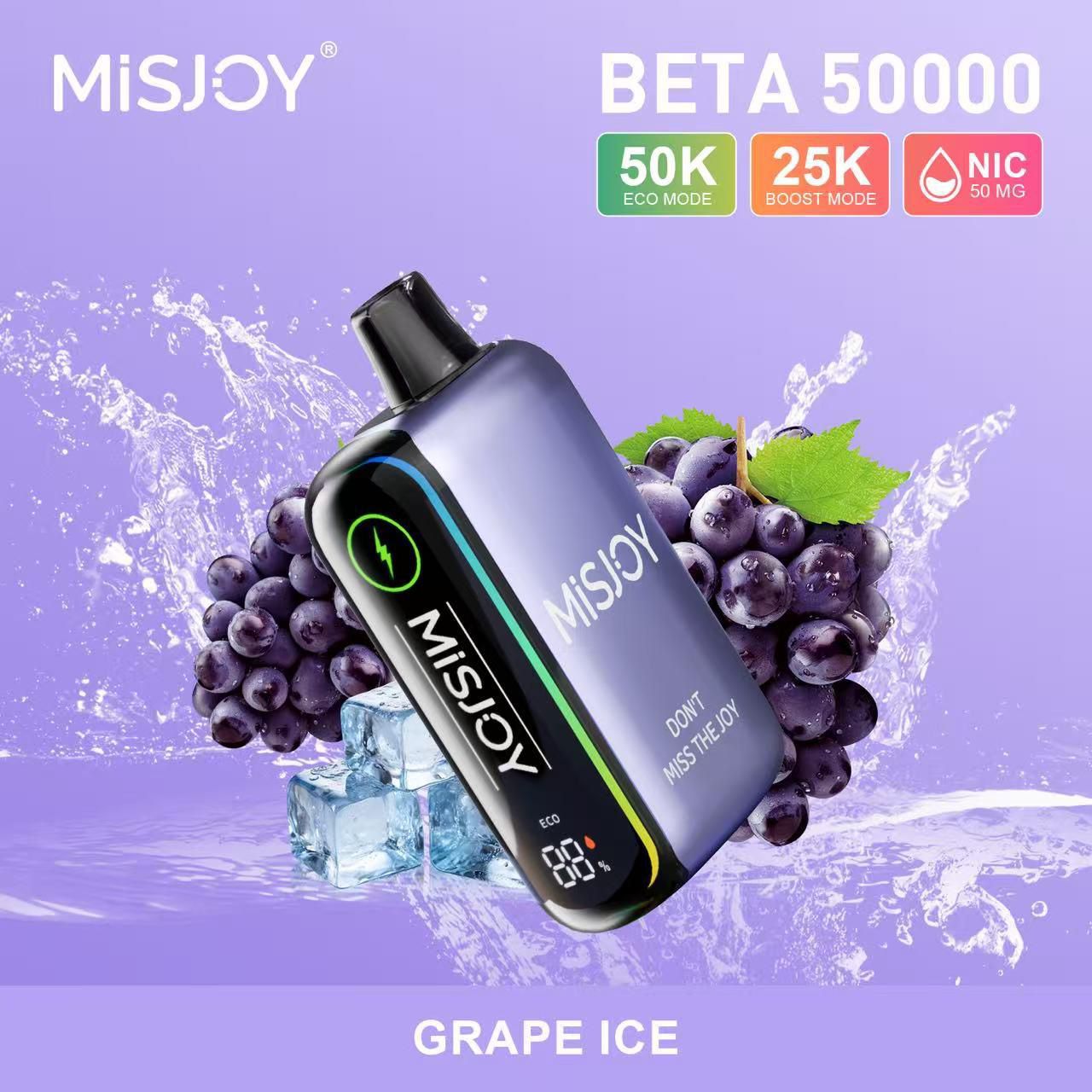 Misjoy Beta 50000 vape device with grape ice flavor on a purple background