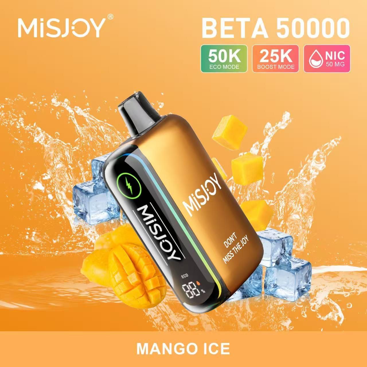 Misjoy Beta 50000 vape device with mango ice flavor on an orange background