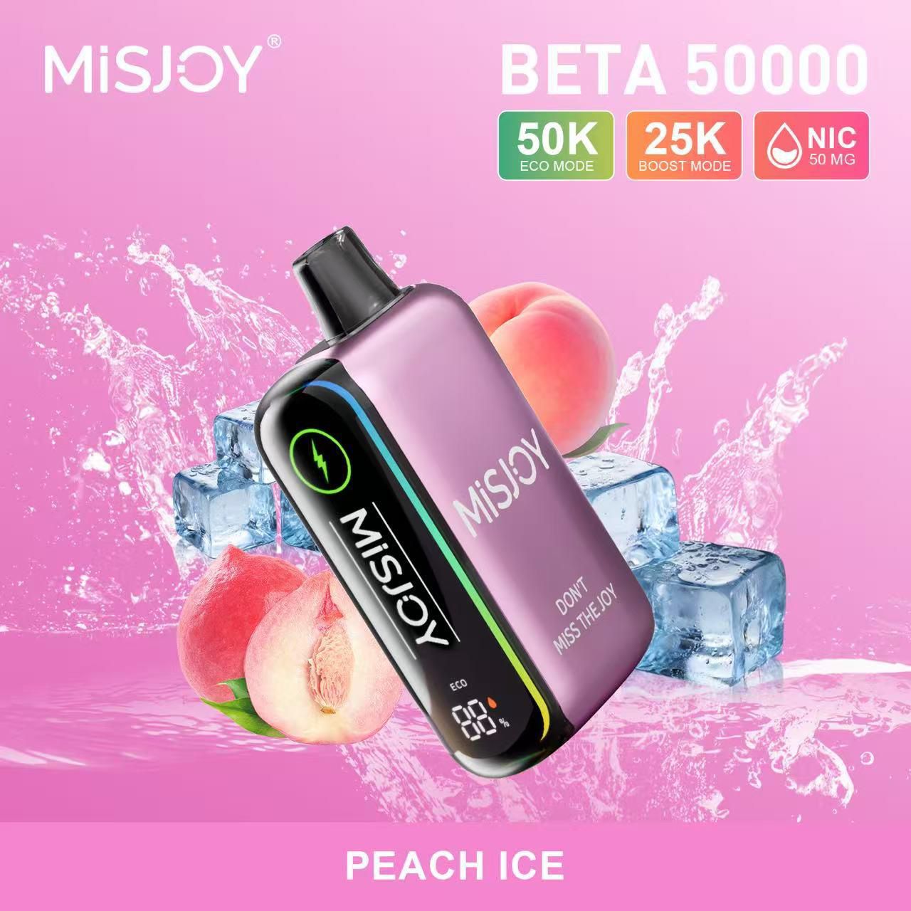 Misjoy vape device with peach and ice elements on a pink background