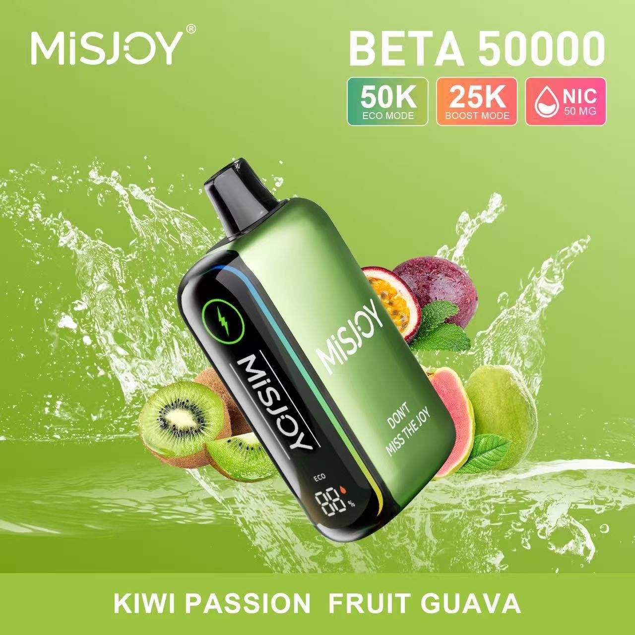 Misjoy vaping device with fruit-themed design on a green background
