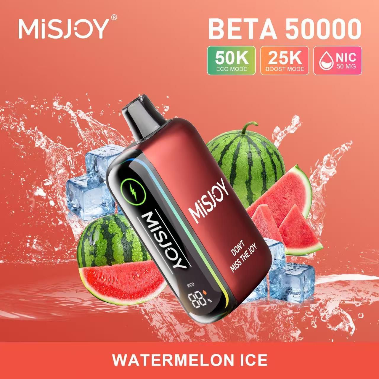 Misjoy Beta 50000 vape device with watermelon ice flavor on a red background