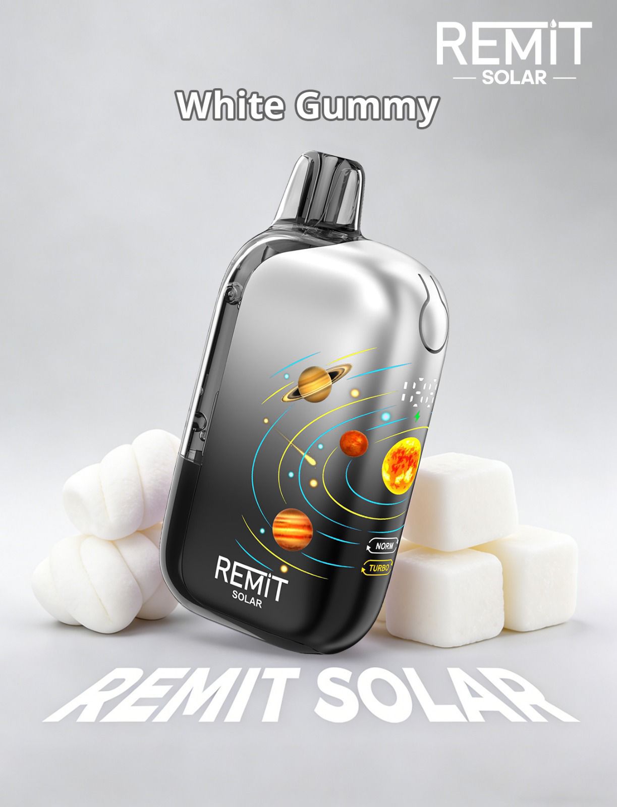 REMiT Solar electronic device with solar system design on a gray background